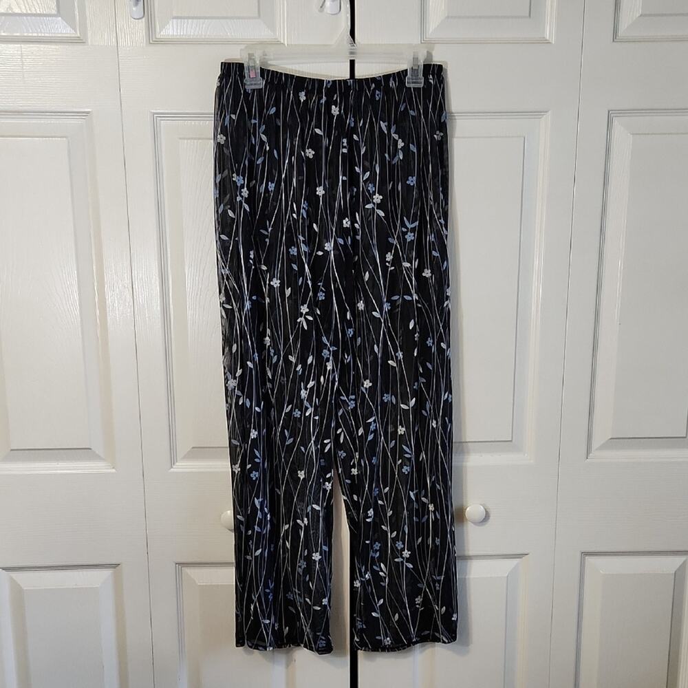 Vintage Mainstream Womens Black Floral Pants Size Med‎ Beach Leisure Sheer Wide